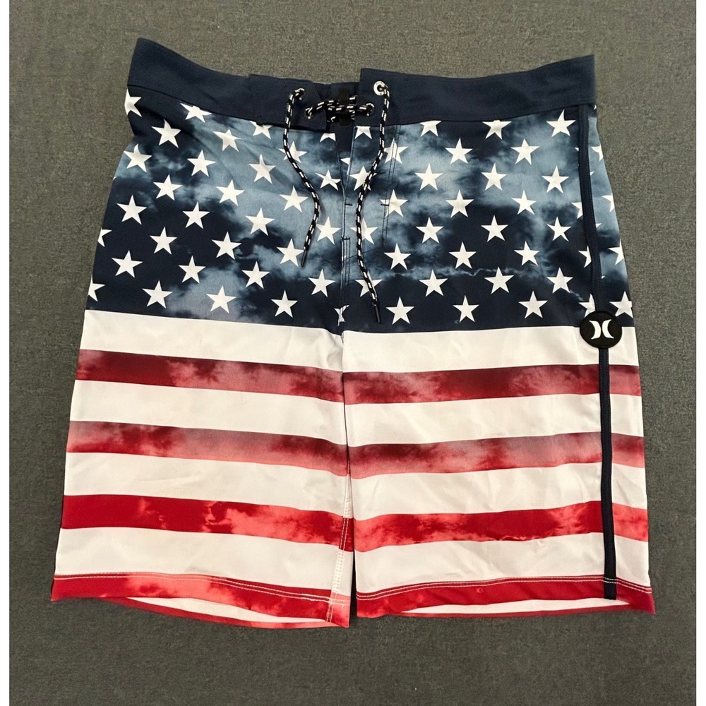 Hurley Phantom Mens 30 USA Flag Stars Stripes Swim Board Shorts 20" Stretch